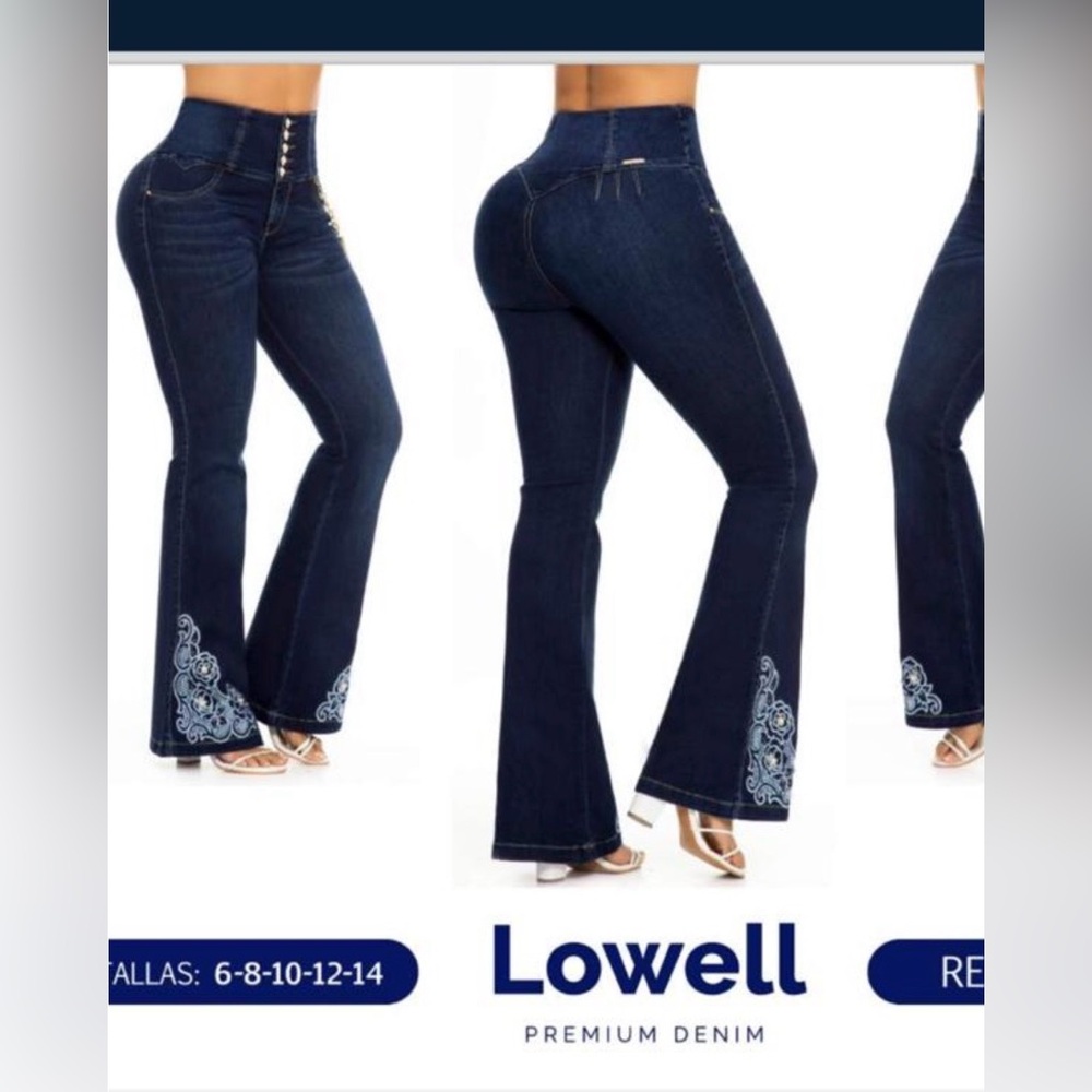 Women's Dark Blue Embroidered Wide Leg Jeans COLOMBIANO